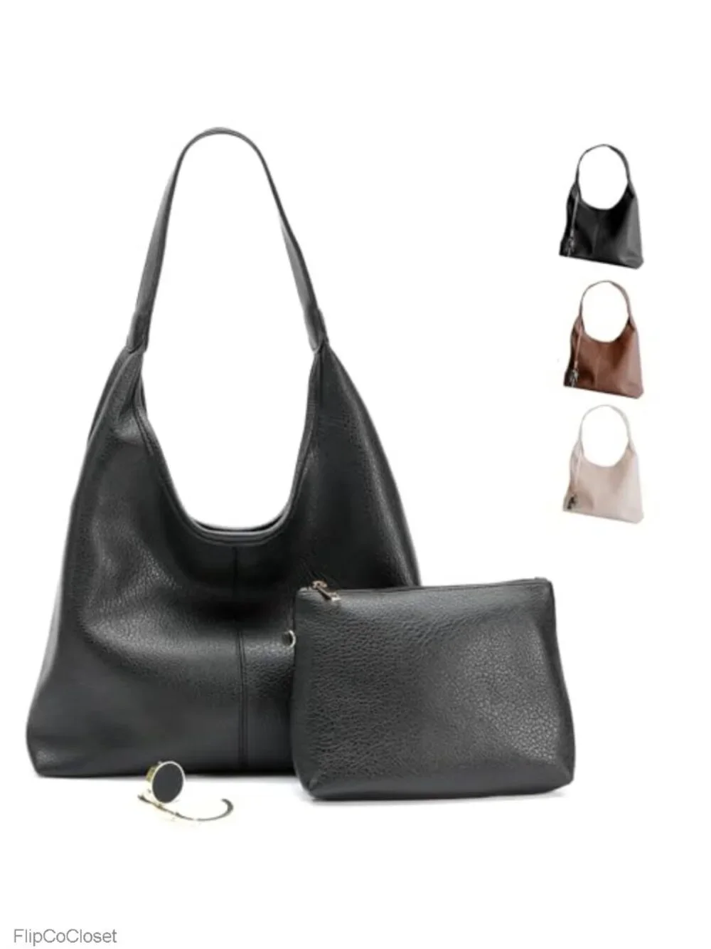 Faux Leather Slouchy Hobo Bag with Zippered Pockets & Shoulder Strap